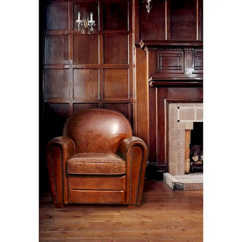 Fauteuil club Paris en cuir véritable marron, Pasargad Home