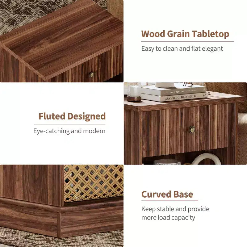 Garvee Fluted Nightstand with drawer, Light Wood Bedside Table with Open Shelf, Space Saving Side Table with Curved Edge Base for Living Room Bedroom