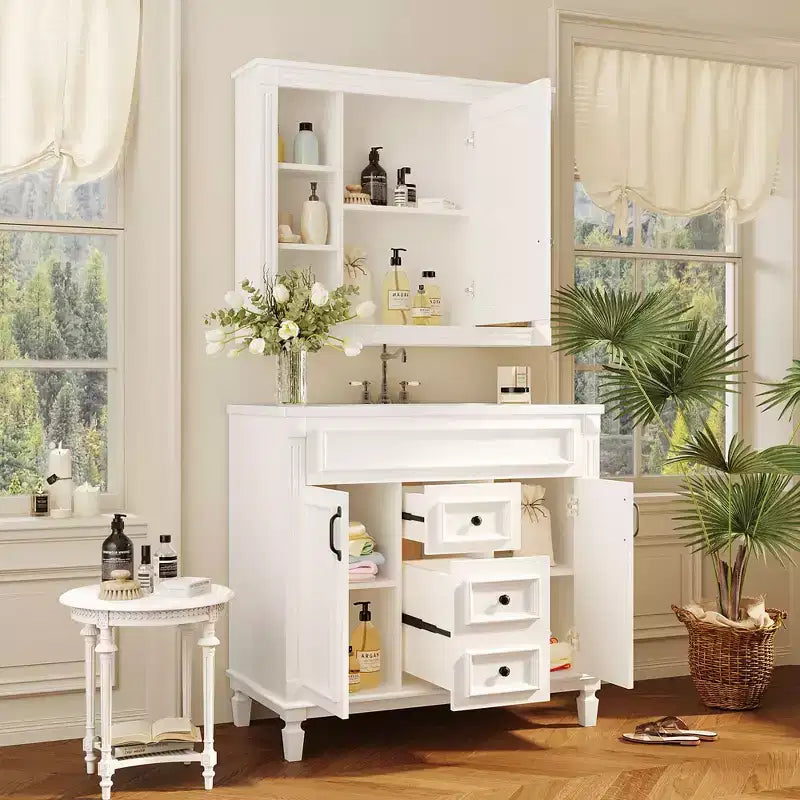 JVNOXK 36-inch Bathroom Vanity with Countertop Sink, Mirror Cabinet with 2 Soft-Close Doors and 2 Drawers, White