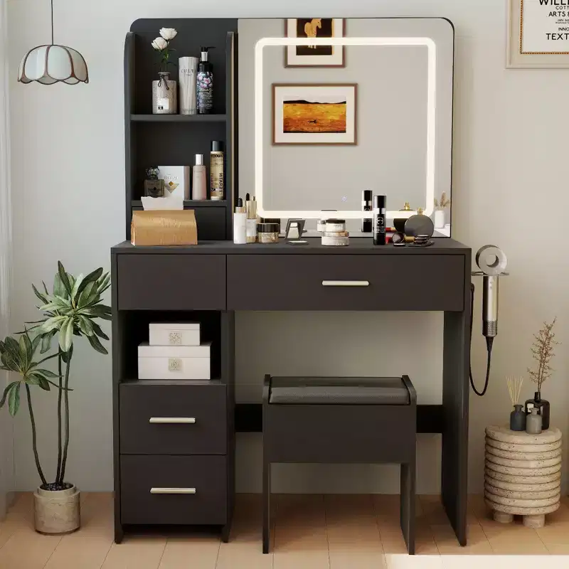 Lighted Makeup Vanity Desk with Mirror, 3 Storage Shelves, 5 Large Drawers and Power Outlet