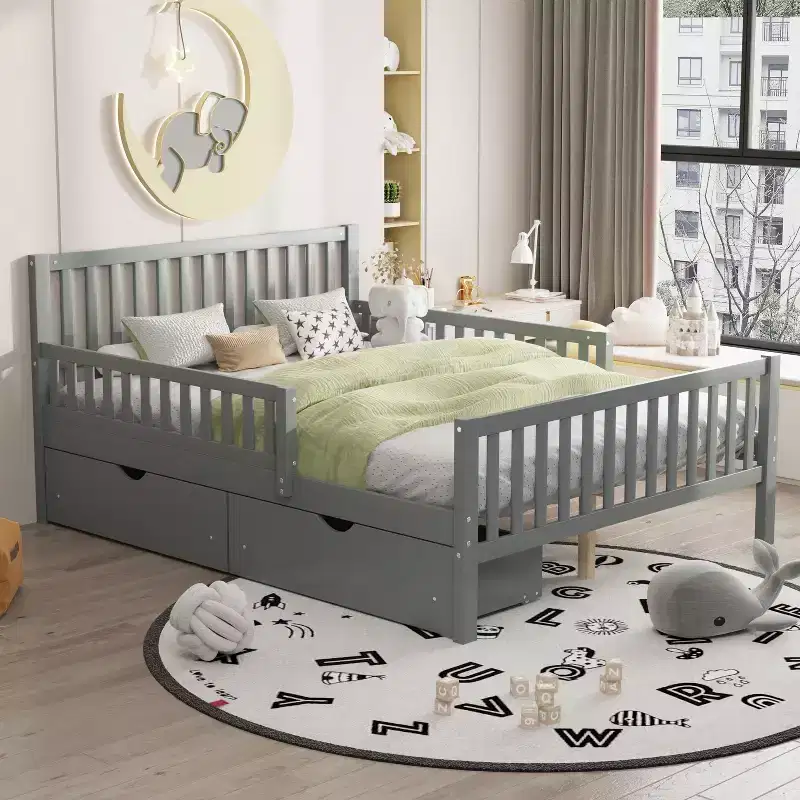 Full Wood Platform Bed with Guardrails and 2 Storage Drawers, Gray
