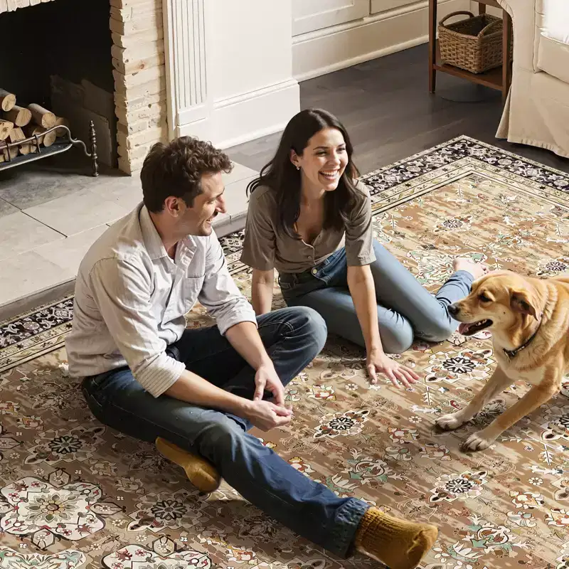 VEVOR Area Rug, 8 x 10 ft Large Washable Rug, Non-Slip and Tear-Resistant Soft Carpet, Pet Friendly Vintage Area Rugs, Indoor Mat, Brown Green