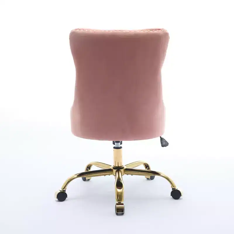 Adjustable Desk Chair Swivel Office Chair, Modern Velvet Upholstered Tufted Button Home Office Chair with Golden Metal Base, Pink