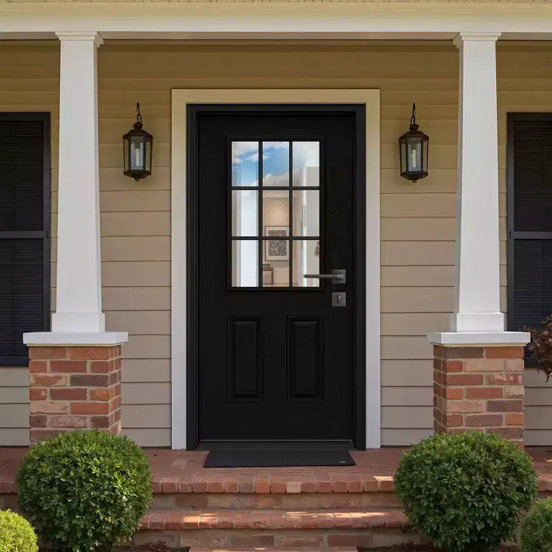 PexFix Fiberglass Entry Door 6-9/16 Vinyl Frame 9 Lite Frosted Glass Front Door Front Entrance Left Hand Inswing Black Wooden Grain Door