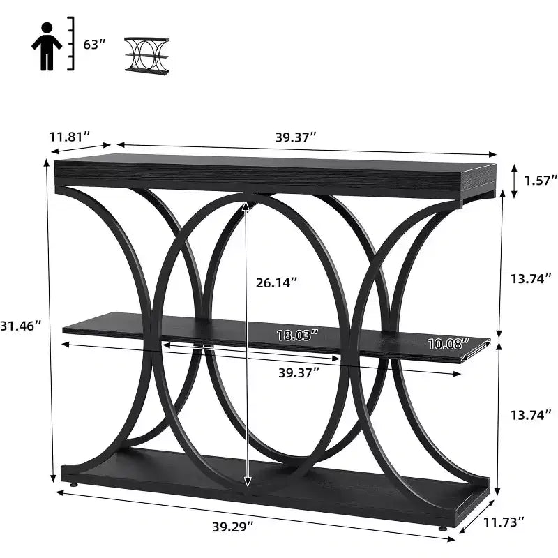 39 Narrow Console Tables for Entryway, Industrial 3-Tier Sofa Table with Round Metal Base and Storage Shelves for Hallway, Foyer