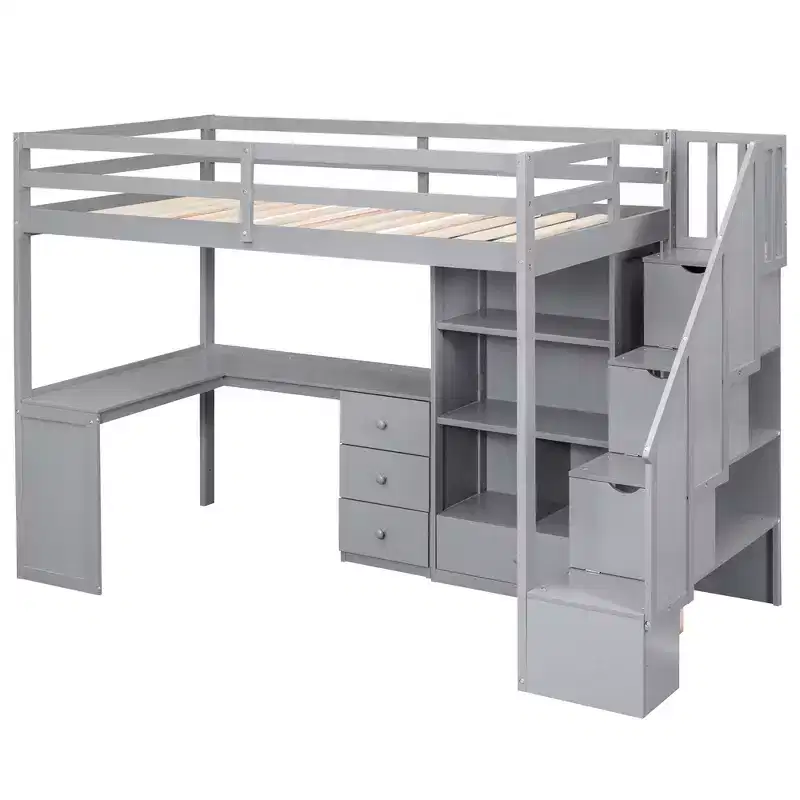Twin Size Loft Bed with L-Shaped Desk, 3 Drawers, Cabinet, Staircase Storage, Solid Pine/MDF Build