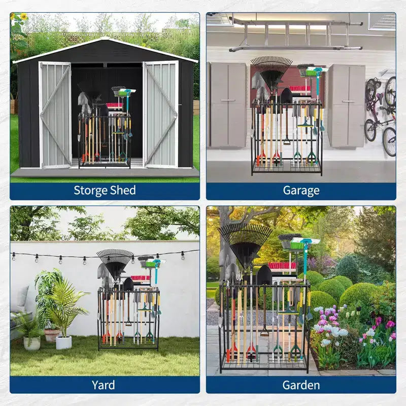 Garden Tool Organizer 2 Tier Yard Storage Rack With14 Hooks,Heavy Duty Holder With 43 Long-Handled Slots,Freestanding Tool Organizers and Storage