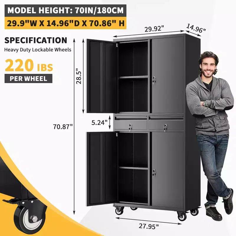 COZONNY 73 Metal Garage Storage Cabinet with Wheels, Locking Doors, 2 Drawers & 2 Adjustable Shelves, Rolling Steel Organizer for Workshop & Office