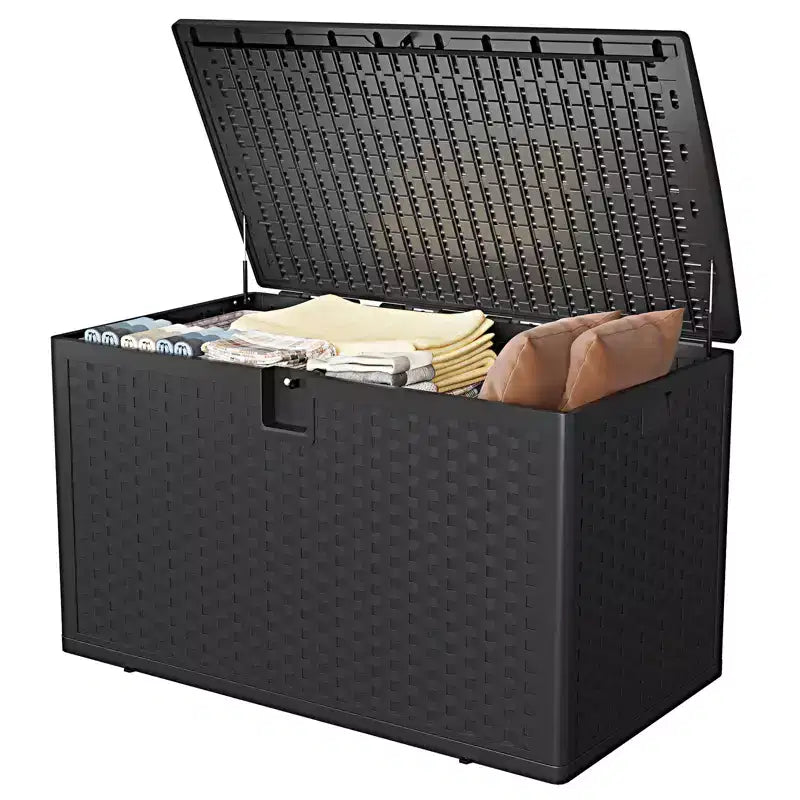 120 Gallon Waterproof Lockable Resin Outdoor Storage Box, Weatherproof Rattan Style with Side Handles, for Patio Furniture, Garden Tools