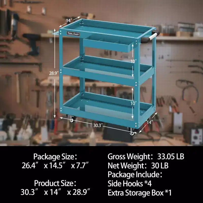 LDHTHOPI 3 Tier Metal Rolling Tool Cart Blue Heavy Duty Utility Cart 330 lbs Capacity with Lockable Drawer Wheels for Garage Workshop