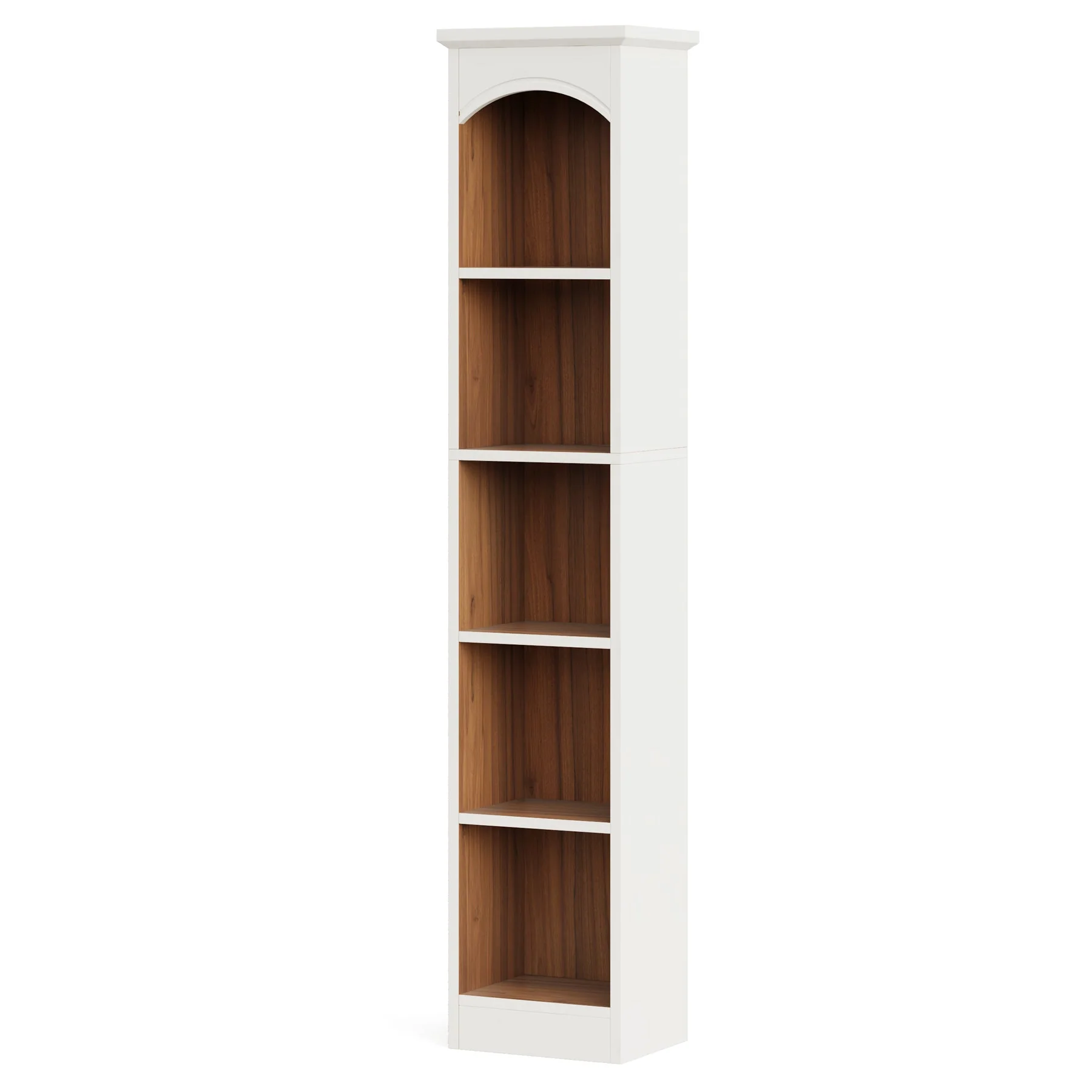 Vintage Arched Slim 5-Tier White & Oak Library Bookcase