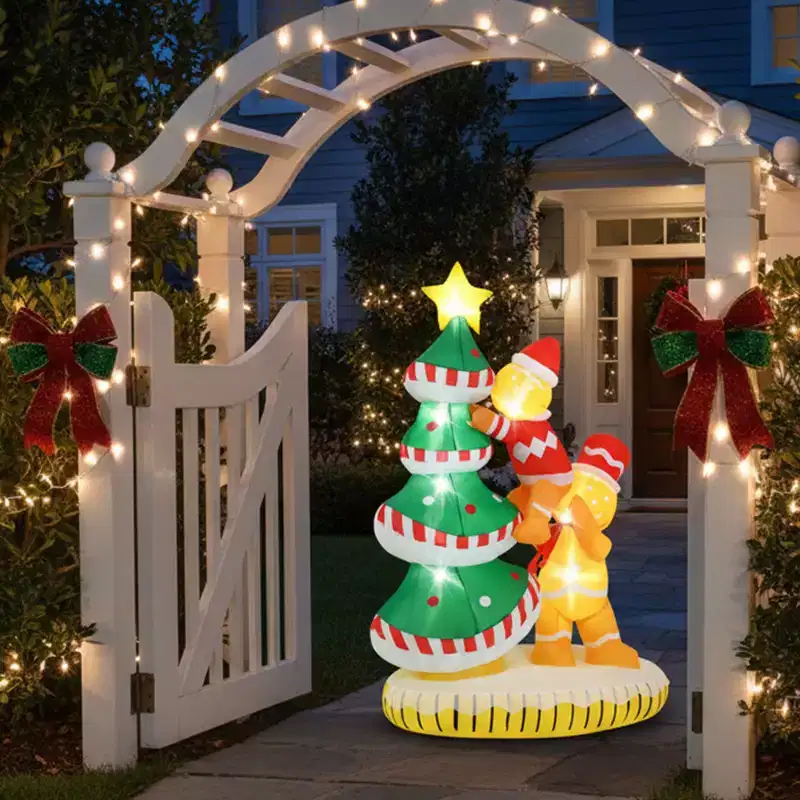 Gymax 7' Inflatable Gingerbread Men and Xmas Tree w/ 7 Built-in LED Lights & Internal Fan Perfect for Yard Garden & Front Porch