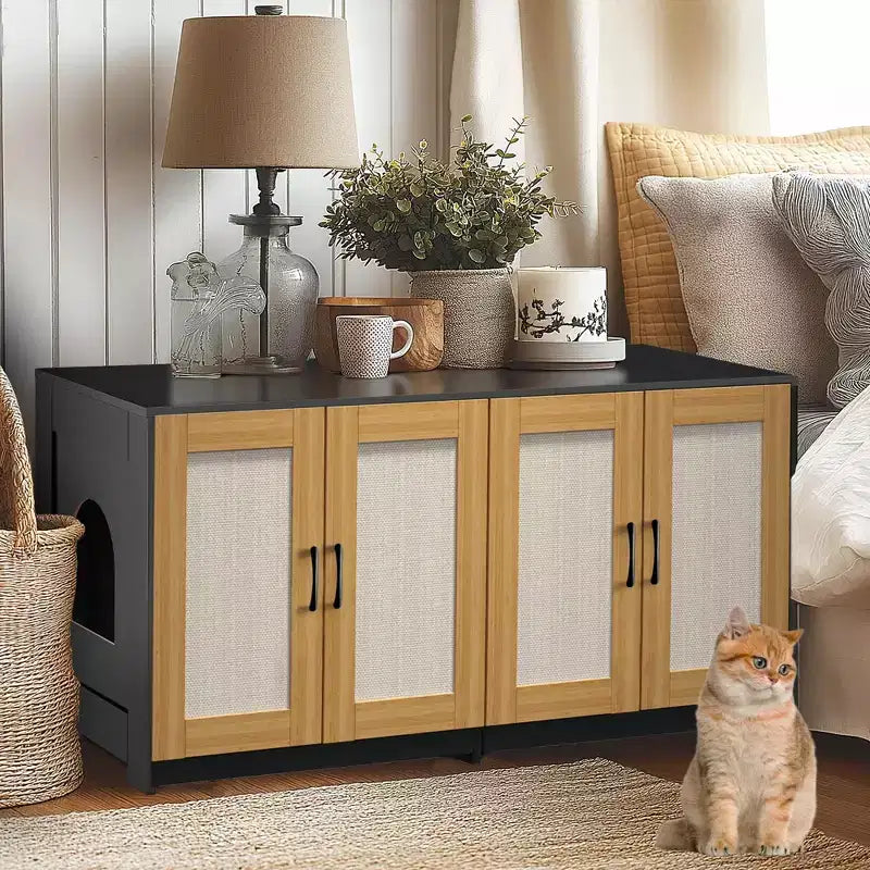 Indoor Cat House TV Stand Side Table Wooden Hidden Litter Box Furniture with Storage Includes Scratching Board Indoor Cat House TV Stand Side Table