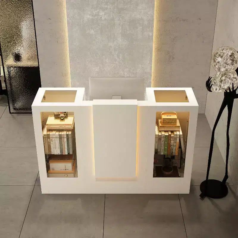 Famapy White Reception Desk Counter Table with Glass Display Shelves and LED