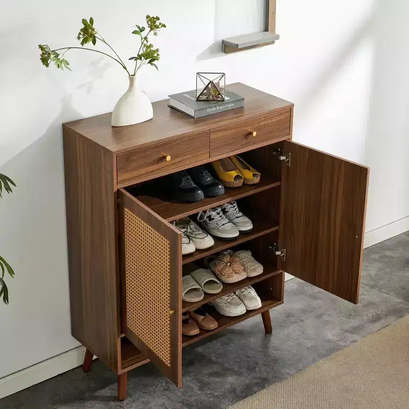 Mid-Century Wood-Colored Rattan Design Shoe Cabinet Sideboard with Doors & Drawers, Freestanding Shoe Rack for Foyer, Entrances