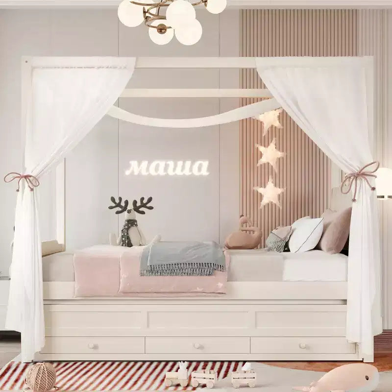 GDFStudio Zhiyuan Modern Wooden Canopy Bed with Linen Upholstered Headboard, Trundle and 3 Drawers