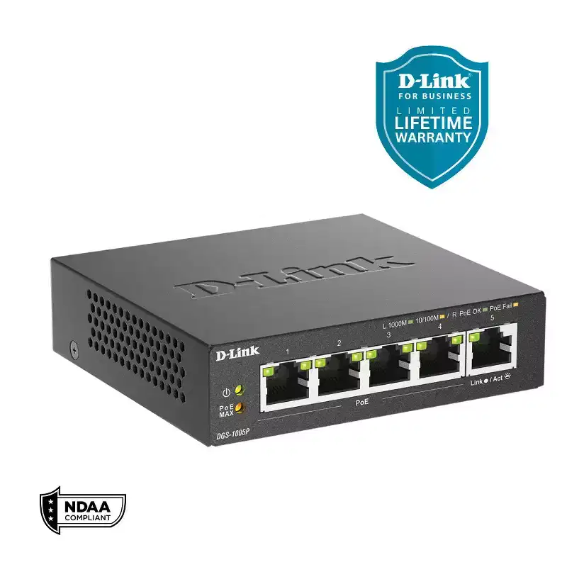 D-Link 5-Port Gigabit PoE+ Unmanaged/Plug and Play Switch | 4 PoE+ Ports (60W Total PoE Budget) | Fanless | Metal Compact Desktop - (DGS-1005P)
