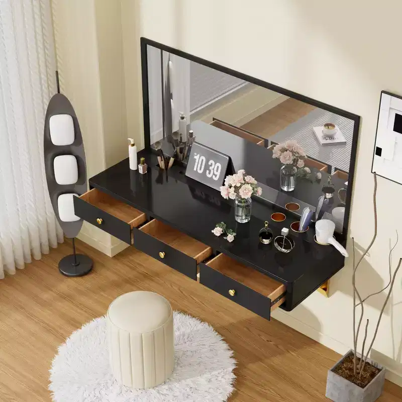 Wall-Mounted Vanity Desk with Drawer & Glass Tabletop – Compact