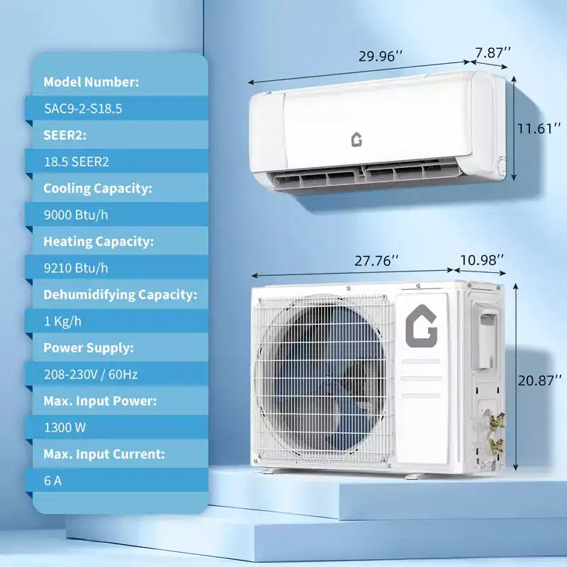 9000 BTU Mini Split Air Conditioner, 18.5 SEER2 208-230V Split Unit Ac and Heat Cool Up to 450 Sq.Ft