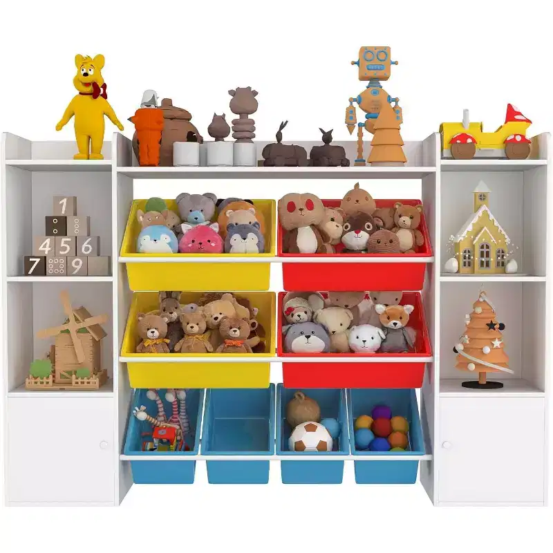 Acekool Toy Storage Organizer with 8 Removable Bins and 6 Cubbies, Kids Bookshelf for Playroom or Bedroom, White