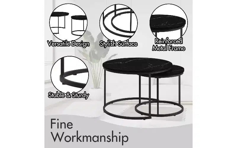 TUYOHW 2-Piece Marbling Nesting Coffee Table Set, Space-Saving Center Table for Living Room, Round Coffee Table Wood Marble Pattern Top