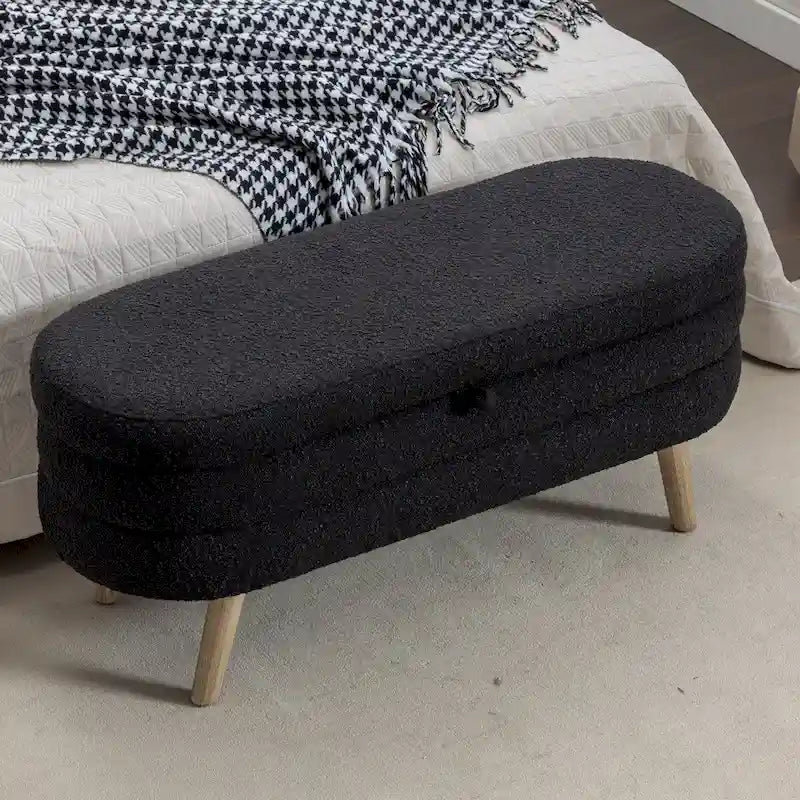Boucle Fabric Storage Bench with Wood Legs | Black