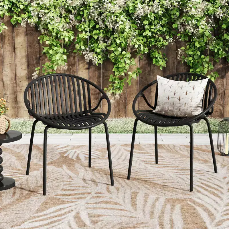 Set of 2 Stackable Patio Dining Chairs, Breathable PP Seat & Metal Legs, Modern Outdoor Chairs