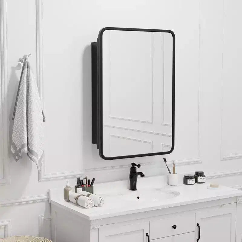 PexFix 28 x 20 Bathroom Cabinet with Mirror Stainless Steel Frame and 2 Adjustable Shelves Wall Medicine Cabinets Mirrors Rectangle Recessed Black