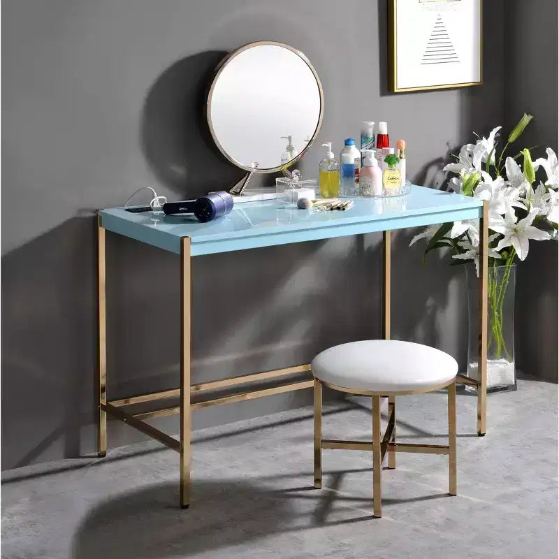 TUYOHW Modern 40 Writing Desk,Office Desk with Built-in USB Port,High-Gloss Desktop,Gold Open Metal Base,Rectangular Desk for Bedroom,Office,Study