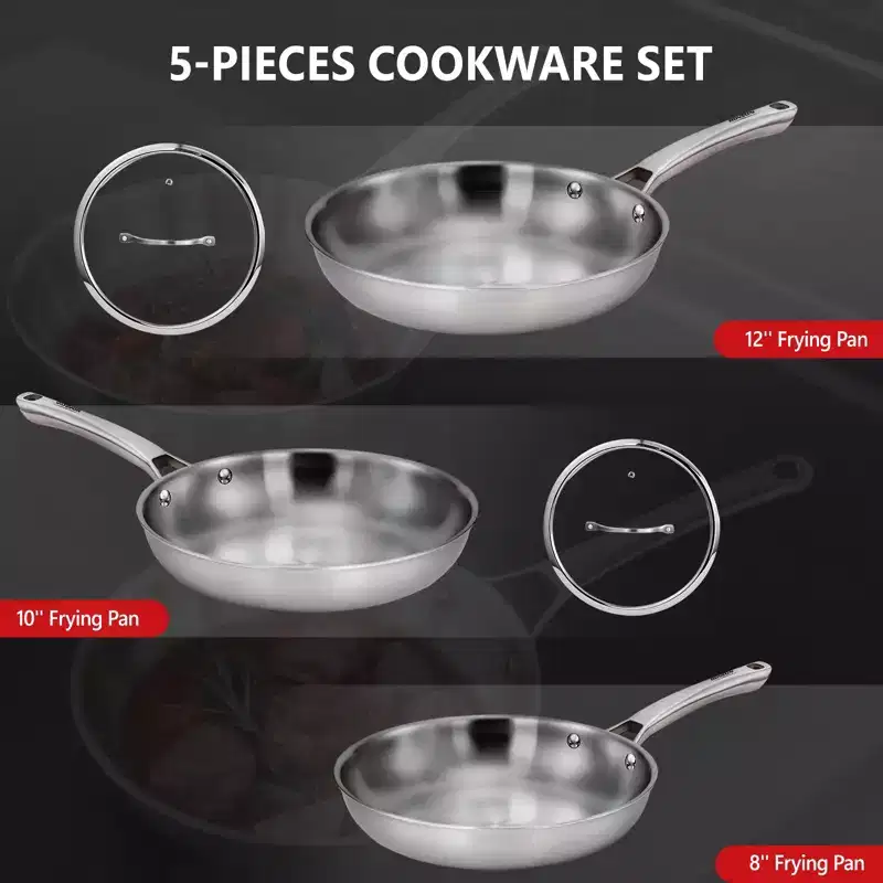 ROVSUN 8-10-12 Inch Stainless Steel Cookware Set, Tri-Ply Skillets Set with Lids,Chef's Pan, PFOA & PTFE Free Skillets, Dishwasher & Oven Safe