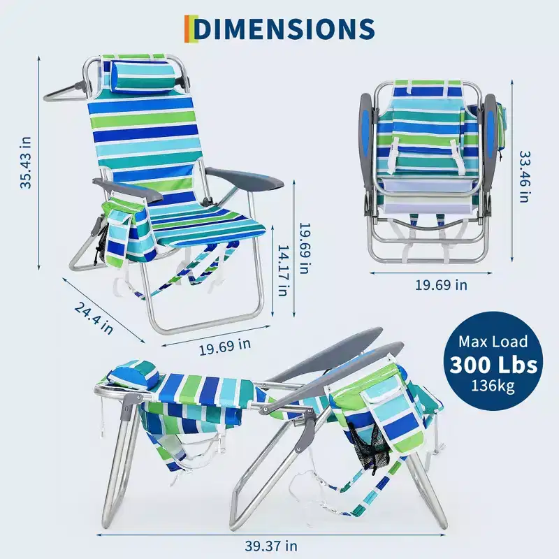 2-Pack High Backpack Beach Chairs - Reclining Heavy-Duty Folding Chair, 5-Position with Cooler Pouch & Cup Holder & Towel Bar