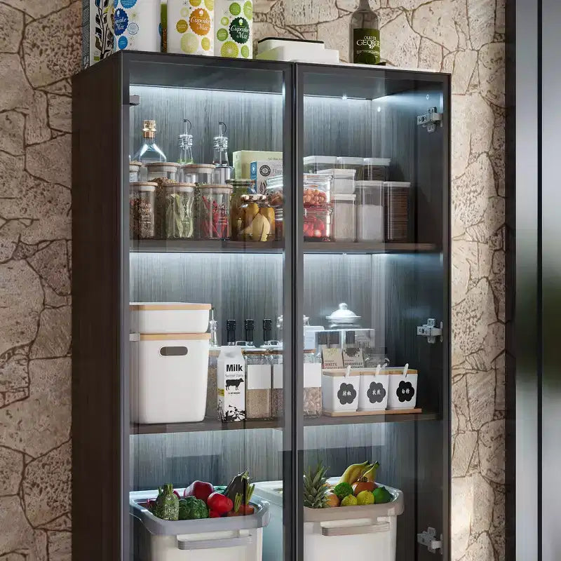 Famapy Kitchen Storage Cabinet Adjustable Shelf Pantry 3-Light Kitchen Hutch Glass Door Kitchen Cabinet Dark Wood Grain Organizer for Kitchen & Bar