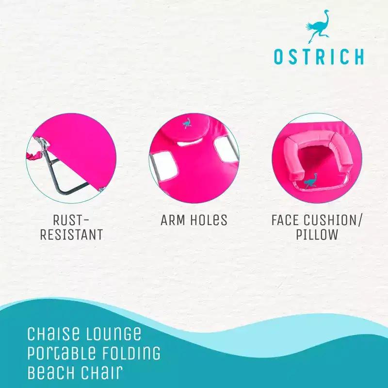 Ostrich Comfort Lounger Poolside Chair w/3 Adjustable Chair Positions & Chaise Sunbathing Beach Chair w/4 Adjustable Chair Positions, Pink
