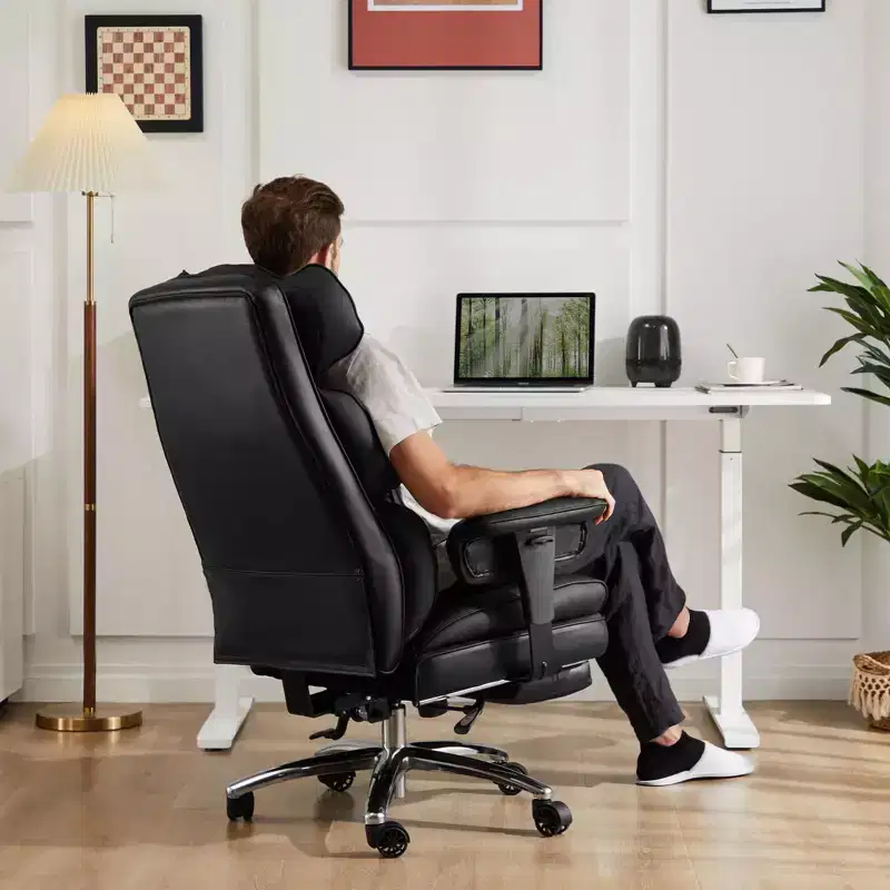 MAYEERTY Chair Exec Home Office Ergonomic High Back with Footrest Lumbar Reclining Height Adjustable PU Leather Swivel Chair with Wheels White