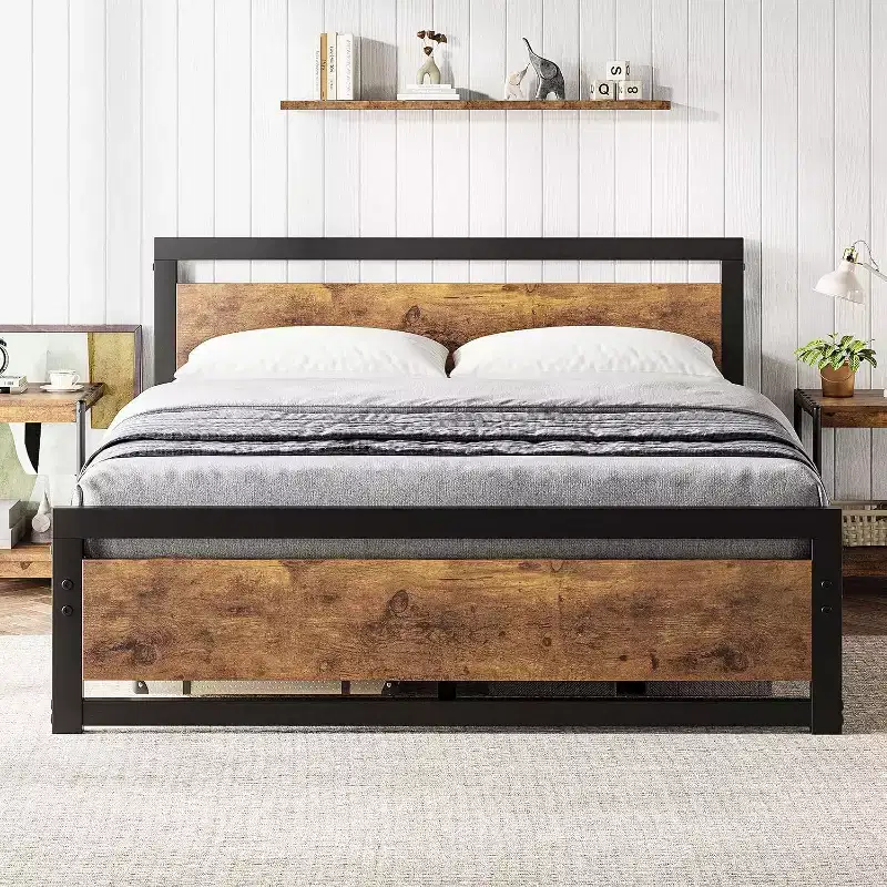 Vintage Industrial Bed Frame with Rustic Wood Headboard, 14 Underbed Storage, No Box Spring Needed, Easy Assembly