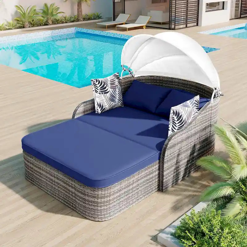 79.9 PE Rattan Daybed Sunbed with Adjustable Canopy