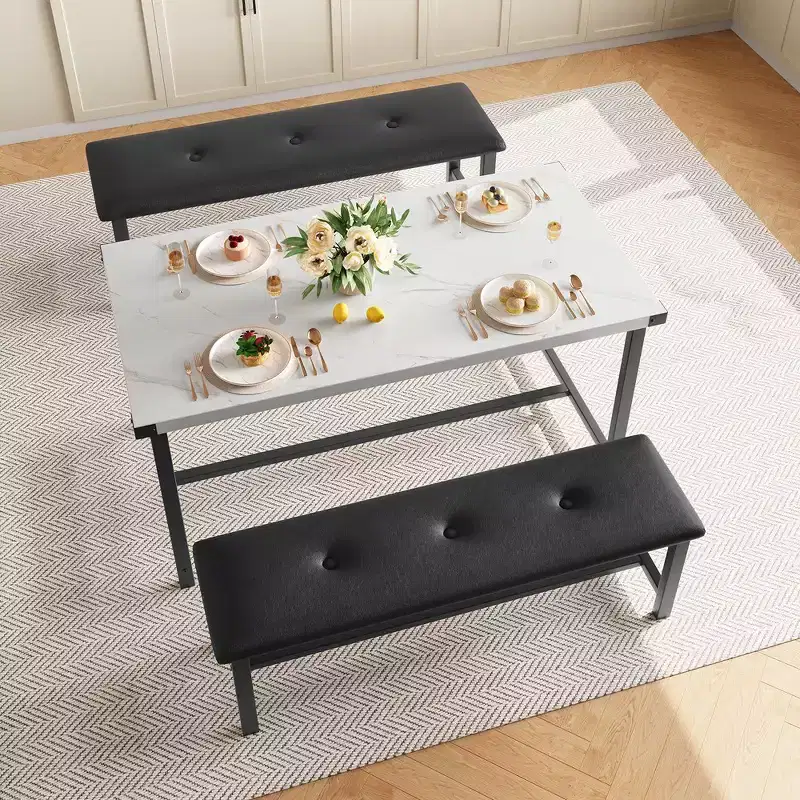 Dining Table Set for 4, Kitchen Table with 2 Upholstered Benches, Rectangular Kitchen Table Set, for Small Space, Apartment, Studio, Marble White