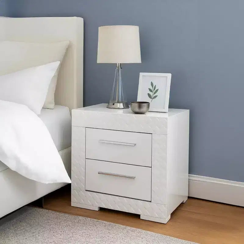 2 Drawer Nightstand, High Gloss White Textured Trim