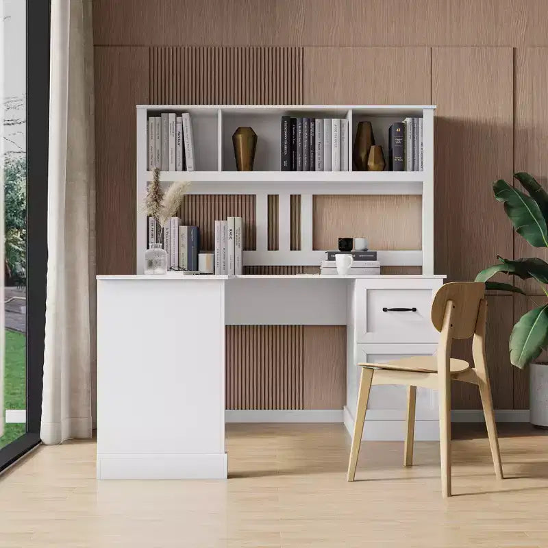 JVNOXK 59-inch Modern Home Office Computer Desk with Bookshelf and Open Shelving Unit Featuring Drawers, Antique-Style Finish, White