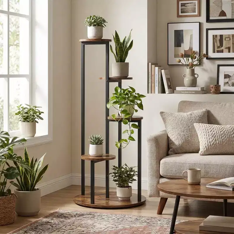 FurnitureR 4-Tier Tall Plant Stand Indoor, Multi-Level Flower Pot Holder with MDF Shelves, Decorative Plant Shelf for Living Room Balcony Garden
