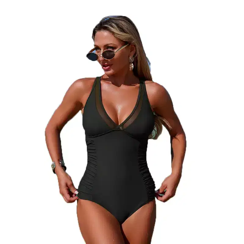V-Neck Mesh Panel Ruched Side One Piece Swimsuit