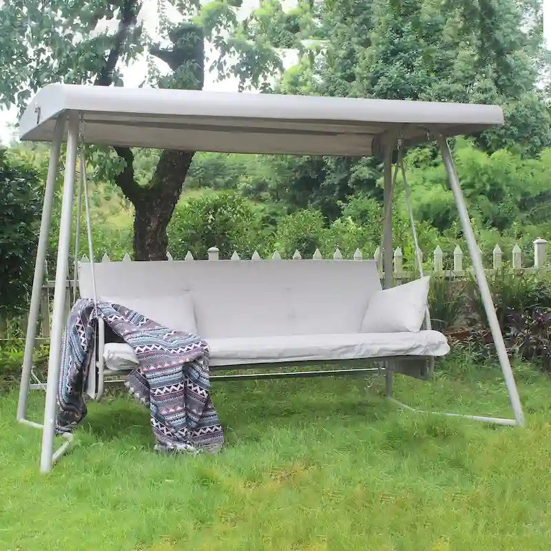 Outdoor Patio 3 Seaters Metal Swing Chair Swing Bed, with Cushion and Adjustable Canopy