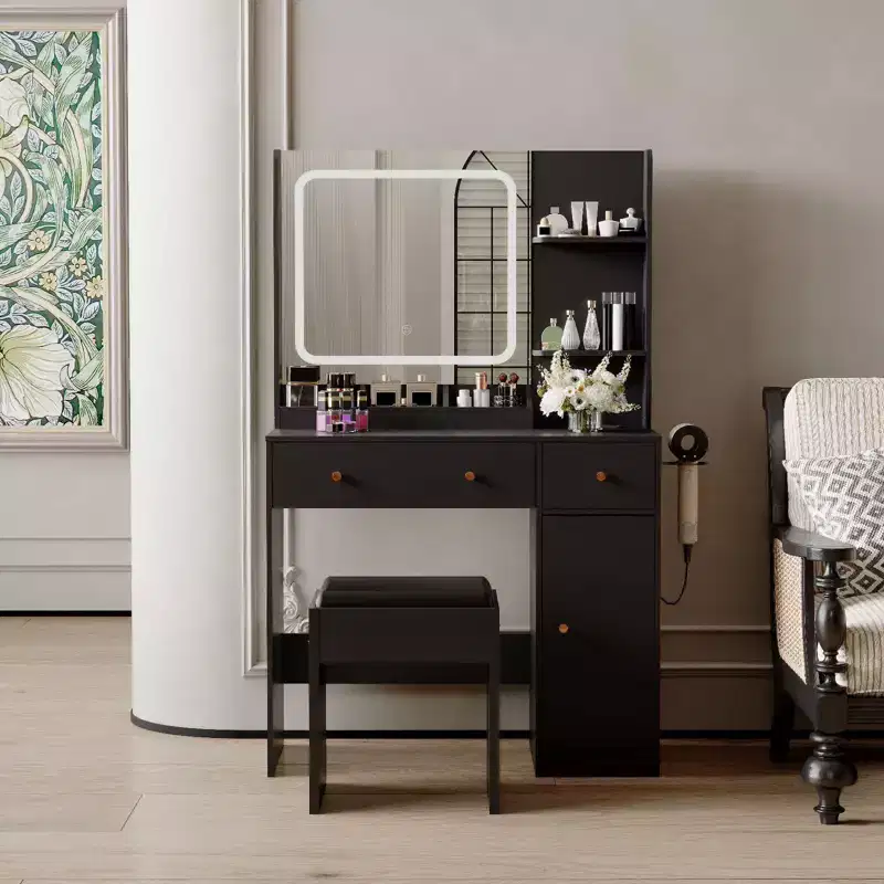 Vanity Desk with LED Lights Mirror & Power Outlet, Makeup Vanity Table with Storage Drawers, Stool, Black Dressing Table for Women Girls