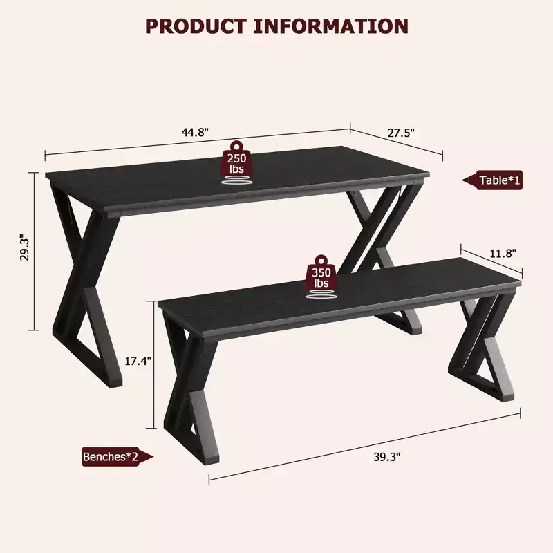Dining Table Set for 4, Kitchen Table with Sturdy Metal Frame, Rectangular Dining Room Table Set with 2 Benches, Saving Space for Kitchen, Dining Room