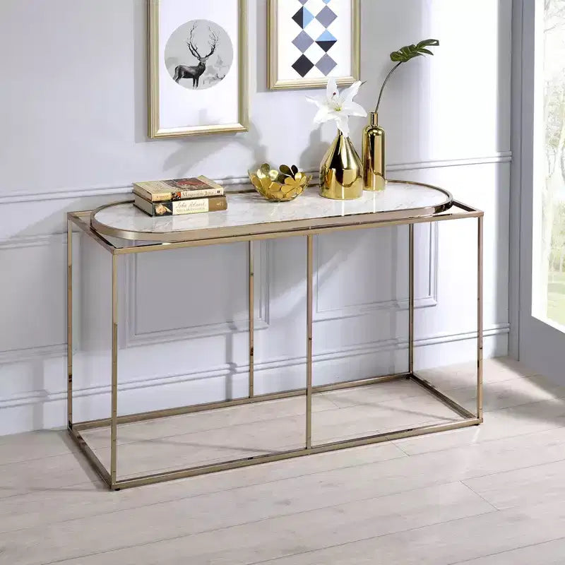 Denban Faux Marble Sofa Table White Marble/Champagne - miBasics