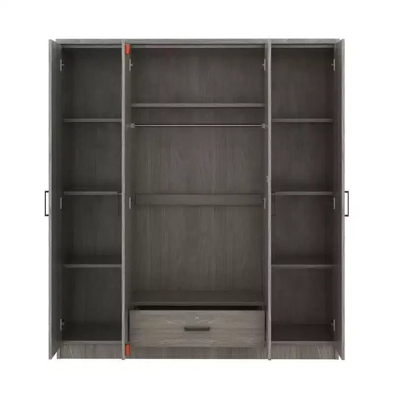 Wood 4-Door Wardrobe Armoire with Hanging Rod, 1-Drawer and Storage Shelves