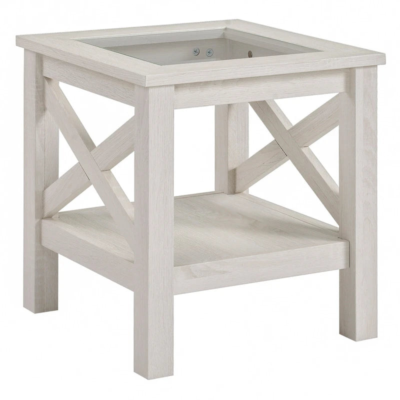 Traditional side table, wooden frame, tempered glass tabletop, with under-shelf storage, white oak color.