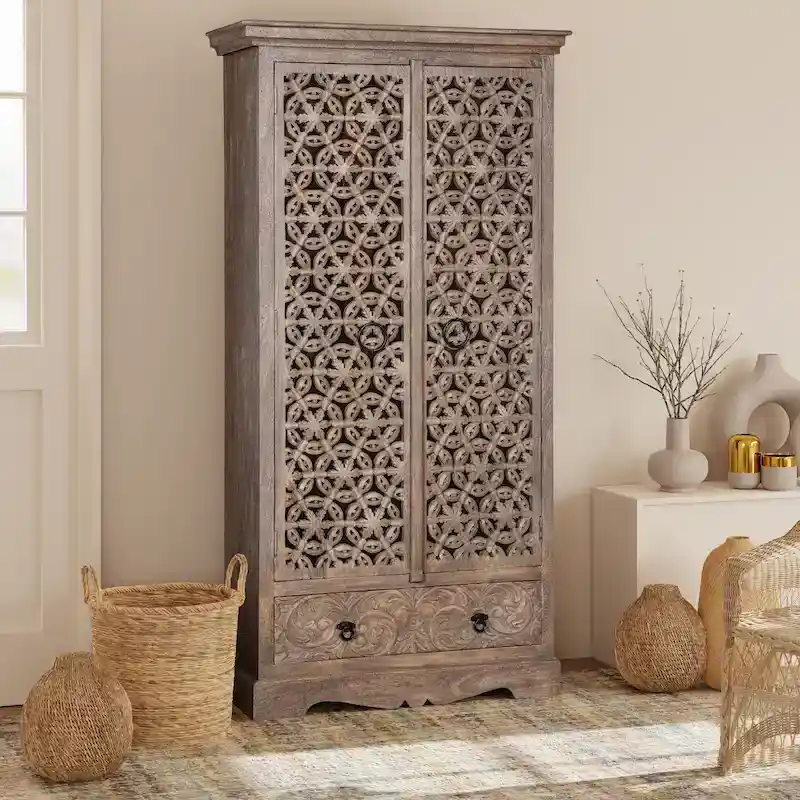 Maadze Mandolin 70.6 High Carved Armoire with Shelves and Drawers
