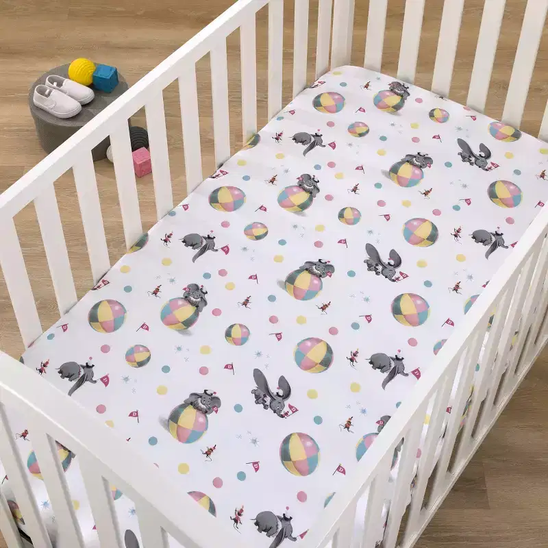 NoJo Disney Vintage Dumbo - Gray, White and Multi-Colored Circus Flags, Balls and Timothy Mouse Nursery Fitted Mini Crib Sheet