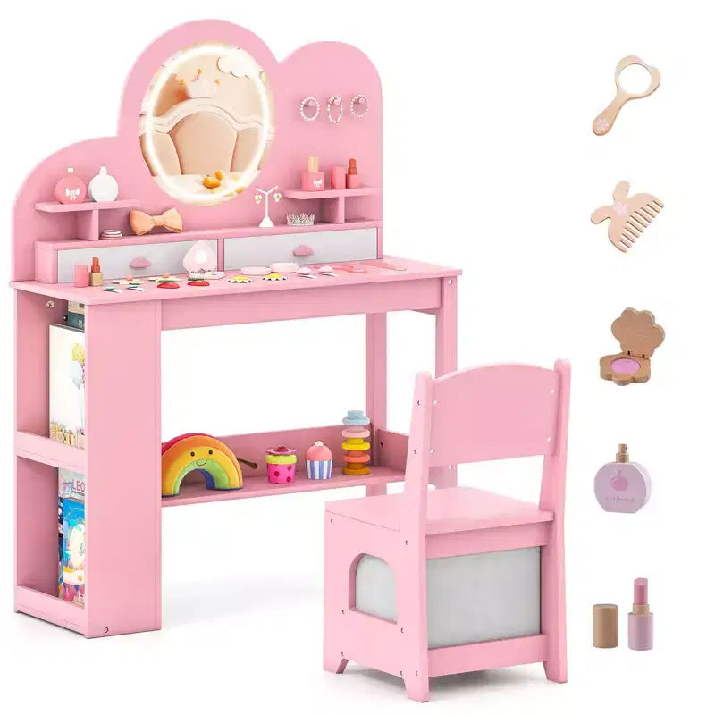 Kids Vanity with LED Lights, 2 Drawers, 2-Tier Bookshelf, 3 Hooks and 2 Open Shelves, White/Pink